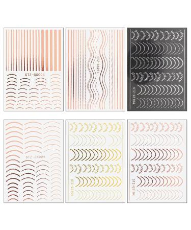 6 Sheet Gold French Fashion Line Nail Art Stickers Decals - Self-Adhesive 3D Nail Decals for Luxury Nail Design and Supply - Buy Online on SooperMarket.com