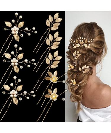 8PCS Gold Leaf Wedding Hair Pins Bridal Headpiece with Pearls Crystal Wedding Hair Styling Pins Vintage Hair Accessories for Brides Bridesmaids and Flower Girls