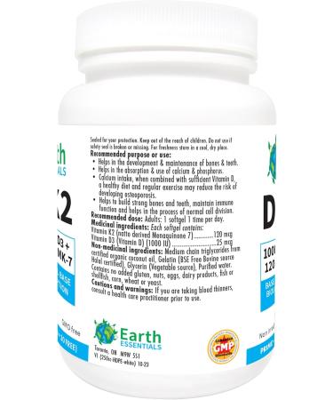 Earth Essentials Vitamin D (1000 IU) + Vitamin K2 (120 mcg) BONUS SIZE - 150 Softgels (120 + 30 FREE) - Buy Online on SooperMarket.com