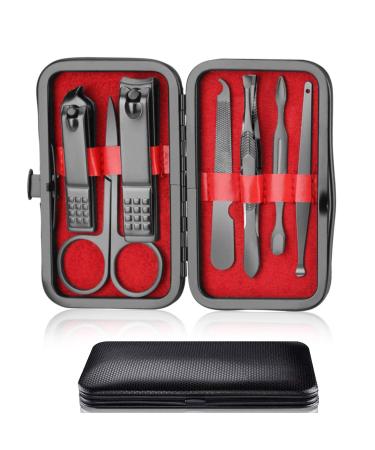 Nail Clipper Manicure Set 7 In 1 Stainless Steel Professional Pedicure Kit Nail Scissors Grooming Kit with Black PU Leather Case for Travel & Home Use (Red Leather) Red2-7