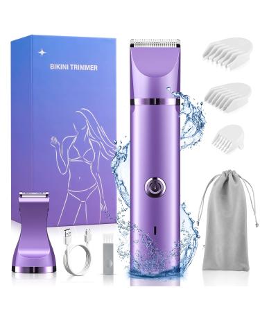YBLNTEK Bikini Trimmer for Women,Rechargeable Electric Razor,Cordless Pubic Hair Trimmer,2 in 1 Lady Trimmer for Bikini,Arms,Legs,Underarms Hair Remover Device,IPX7 Washable Wet/Dry Use (Purple)