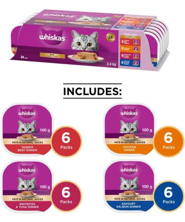 WHISKAS Adult Wet Cat Food Variety Pack Pat - Chicken Salmon Beef and Whitefish & Tuna 100g Trays (24 Pack) Cat Food Beef - Chicken - Salmon - Whitefish & Tuna 100 g (Pack of 24) - Buy Online on SooperMarket.com