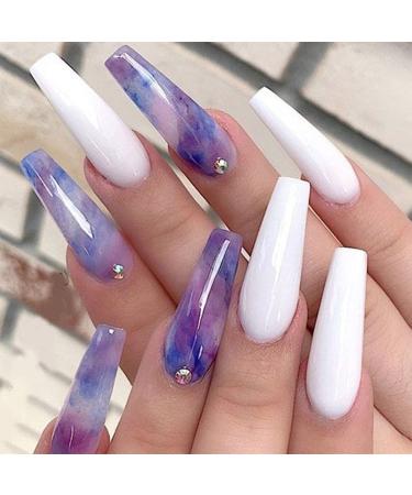 Luvadeyo artificial nails long wrong nails wave press on the nails 24PCs for women and girls white and purple color gradient blue