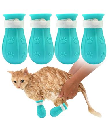 LLMSIX 4PCS Cat Anti-Scratch Boots Adjustable Cat Paw Protector Shoes Silicone Cat Shower Feet Cover Cat Foot Cover for Home Pet Hospital Bathing Nail Trimming Treatment (Blue)