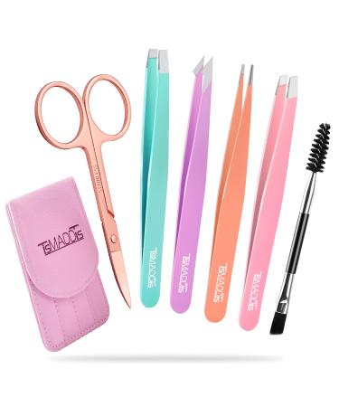 Eyebrow Tweezer Set, TsMADDTs 6 Pcs Tweezers Set for Women, Precision Tweezer for Eyebrows with Curved Scissors for Ingrown Hair, Hair Plucking Daily Beauty Tools with Leather Travel Case AMulti-colored