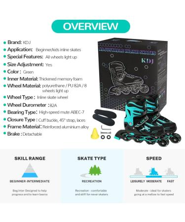 Adjustable Kids Roller Blades with Illuminating Wheels - Green Medium - Big Kids (Sizes 1-4 US) - Buy Online on SooperMarket.com