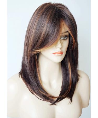 Medium Length Layered Synthetic Wig for White Women - Light Brown with Camel Highlights and Bangs - Buy Online on SooperMarket.com