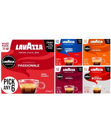 Lavazza A Modo Mio Coffee Pods PICK ANY 6 from 5+ Flavours Inc. Crema e Gusto Classico Delizioso Intenso Passionale and Rossa. (Total 6 Pack 216 Capsules)