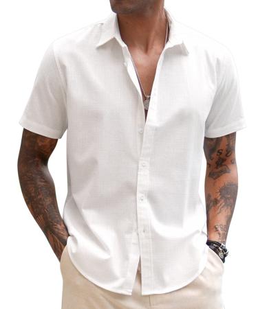 COOFANDY Men's Linen Casual Short Sleeve Shirts Button Down Summer Beach Shirt White Medium