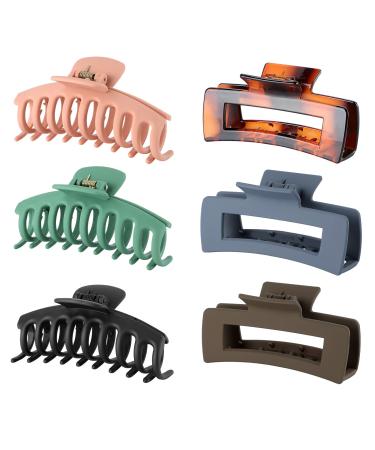 iBuneerly Hair Claw Clips 6 Colors, Claw Clips for Thick Hair Nonslip, Large Strong Hold Hair Clips for Women, 3 Square Matte and 3 Banana Hair Clamps for Thick Thin Fine Long Hair (6 Packs)