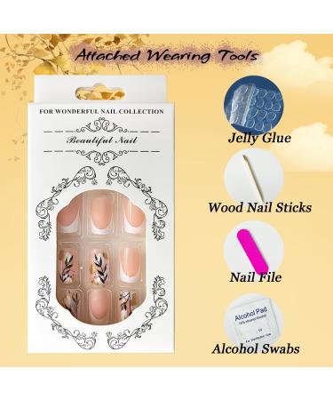 Medium Square French Tip Press on Nails with Fall Leaf Design - Glitter Acrylic False Nails for Women - Style 1 - Buy Online on SooperMarket.com
