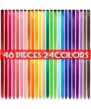 48 Pcs Colorful Straight Hair Extensions Clip in 21 Inch Rainbow Multi-color Clip in Synthetic Long Hairpiece Party Highlights Colorful Clip in Hair Extensions for women girls kids gift 24 Colors 48Pcs