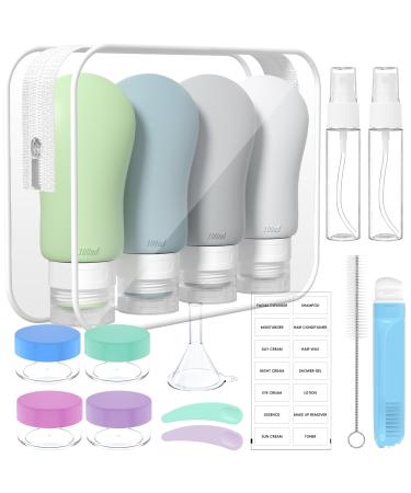 100ml x 4 silicone travel bottles set - travel bottles for filling toilet items 17 pieces portable travel container for shampoo lotion letters -proof referable TSA checked and bpa free dark 100ml green blue gray white
