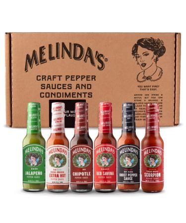 Melindas Pepper Sauce Challenge Collection - Extra Spicy Gourmet Hot Sauce Gift Set with Variety of Chile Peppers - Includes Jalapeo, Extra Hot Habanero, Chipotle, Red Savina, Ghost, Scorpion- 5 oz, 6 Pack