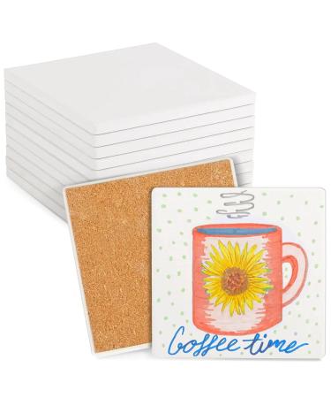 10 Pack White Unglazed Ceramic Tiles for Crafts with Cork Backing Pads for Coasters DIY Arts and Crafts (4.25 x 4.25 in Square)