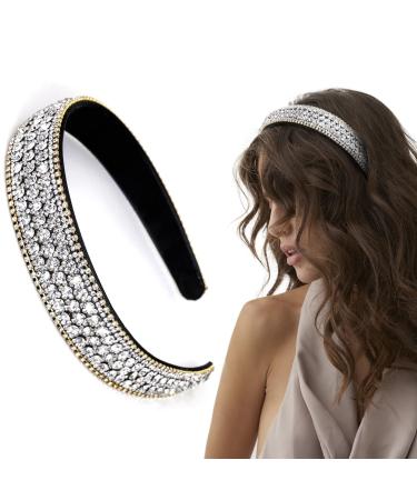 WOVOWOVO Rhinestone Headband for Women Girls Fashion Bling Silver Head Band Non Slip Sparkly Crystal Diamond Hairband Thin Elastic Glitter Hair Accessories Birthday Holiday Gift White