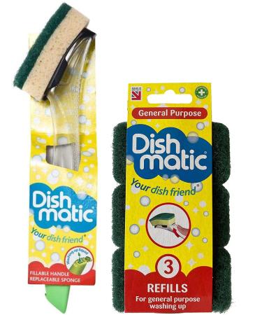 Dishmatic Fillable Washing up Brush and Sponge - Easy Grip Dish Cleaner +1 Bonus Refill - with 3X Dishmatic General Purpose Brush Sponge Refills Dishmatic Brush + 3X Refills