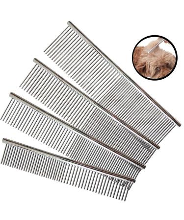 Kingrun Stainless Steel Pet Comb 4 Pack Pet Grooming Steel Comb with Rounded Teeth Metal Comb For Dogs Cats and Other Pets with Tangled Short/Long Hair (16 x 2.5cm 19 x 3cm 19 x 4cm 19 x 5cm)
