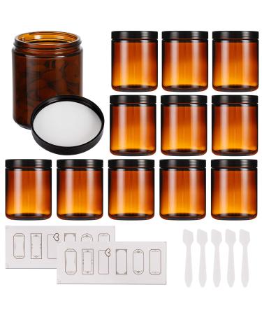 12 Pack 8 oz Amber Glass Jars with Lids, Round Empty Containers for Scrubs, Lotions, Cosmetic, Ointments and Butters, Travel Storage Jar with White Inner Liners £¬Black Lids, lables and Spatulas 8oz-Amber