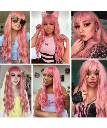 AISI BEAUTY Pink Wig with Bangs - 24 Inch Synthetic Long Wavy Pink Wig for Women - Halloween Cosplay Party Hairpiece - Buy Online on SooperMarket.com