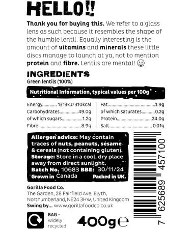 Gorilla Food Co. Green Lentils Whole Dried - 400g - Buy Online on SooperMarket.com
