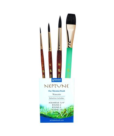 Princeton Neptune Watercolor Brushes 4750 Series - 4pc Soft Synthetic Squirrel Watercolor Brush Set - Aquarelle 3/4 inch - Round 2 - Round 6 - Round 10 - Artist Paint Brushes - Paint Brush Set