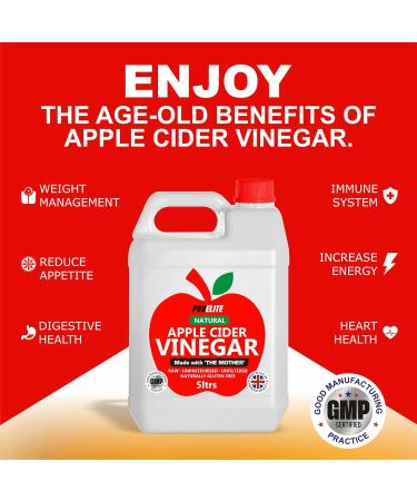 Apple Cider Vinegar with Mother 5L 5 Percent Acidity - Raw Unfiltered & Unpasteurised - Naturally Vegan GMO Free Gluten Free Alternative for Apple Cider Vinegar Capsules Tablets by PROELITE - Buy Online on SooperMarket.com