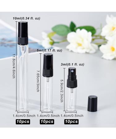 BENECREAT Mini Glass Spray Bottles Set - 30 Pieces (3ml/5ml/10ml) with Funnel & Pipettes - Perfect for Perfumes & Cosmetics - Fine Fog Atomizers (Black Cap) - Buy Online on SooperMarket.com