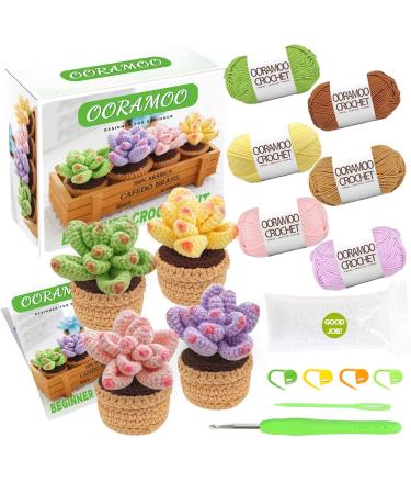 Crochet Kit for Beginners - 4Pcs Succulents, Beginner Crochet Starter Kit for Complete Beginners Adults, Crocheting Knitting Kit with Step-by-Step Video Tutorials