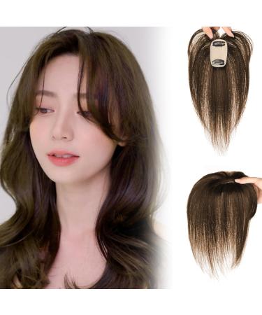 Hair Topper With Bangs 9.8 Inch Long Human Hair Toppers Women Silk Base Clip In Hair Extensions Natural Looking Hairpiece for Daily Use Natural (Brown) - Buy Online on SooperMarket.com