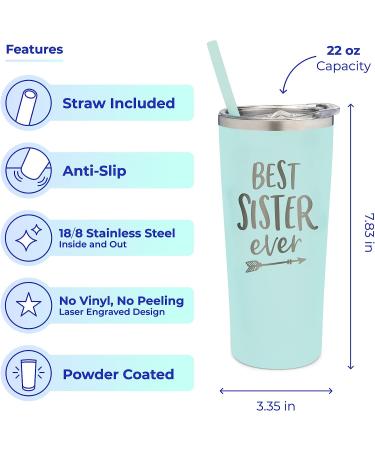 Best Sister Ever Insulated Stainless Steel Tumbler - Personalized Funny Mug for Coffee, Wine & Travel - Slide Close Lid & Straw - Mint/22 - Buy Online on SooperMarket.com