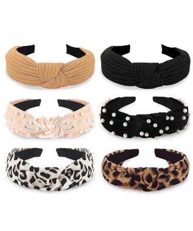 WOVOWOVO Headbands for Women Girls Knotted Headband Wide Pearl head band Top Knot Head Bands for Womens Hair Band Thick Turban Velvet Headband 6Pcs bright color
