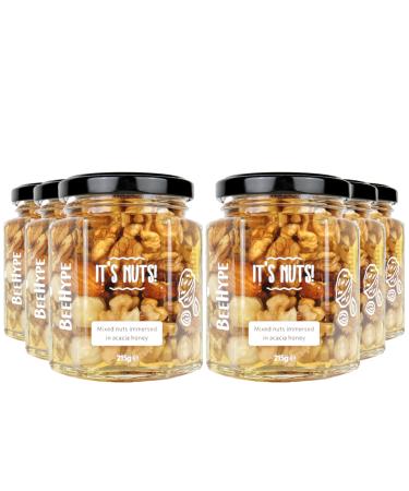 BeeHype - It's Nuts! Mixed Nuts in Pure Raw Acacia Honey with Natural Enzymes Vitamins Minerals Antioxidants and 14g of Protein Per Jar 6 x 215g It's Nuts! Pack of 6