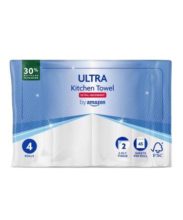 by Amazon Ultra Kitchen Roll (Extra Absorbent) White 4 Rolls (1 Pack of 4) 45 Sheets per Roll 4 Rolls (4 x 1 Pack)