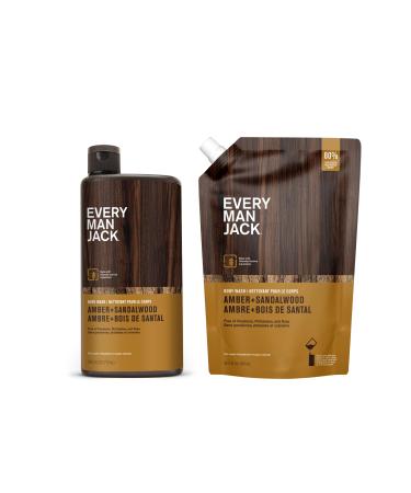 Every Man Jack Amber + Sandalwood Mens Body Wash Refill Starter Pouch - Naturally Derived Ingredients - Paraben Free Phthalate Free Dye Free - (1-36oz pouch 1-24oz bottle)