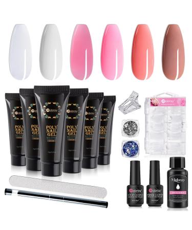 Mobray Poly Nail Gel Kit 6 Colour Poly Nail Extension Gel Set Transparent Pink Builder Nail Gel Professional with 100pcs Nail Forms Slip Solution Nail Art Starter Gifts Set for Women Transparent White Pink