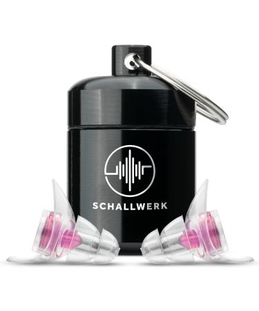 Schallwerk Women+ |Unnecessary hearing protection earplugs - dampen noise & get sound quality - earplugs transparent - earplugs suitable for music festival work & learning compact aluminum container pink filter