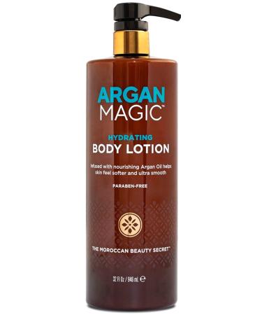 Argan Magic Hydrating Body Lotion with Argan Oil & Shea Butter for Dry Skin - Nourishes Skin Restores Moisture Smooths & Softens | Non-Greasy Formula | Paraben Free (32 oz) Unscented