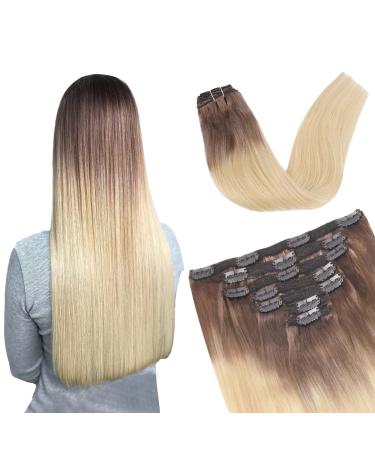 Vlasy Clip in Hair Extensions Human Hair Seamless Hair Extensions Clip in Real Human Hair 7 Pieces Straight Natural Thick Weft Human Hair Clip in Extensions for Women T14/60+T14/60# 20 Inch(90 g) 20 Inch (90 g) T14/60+T14/60#