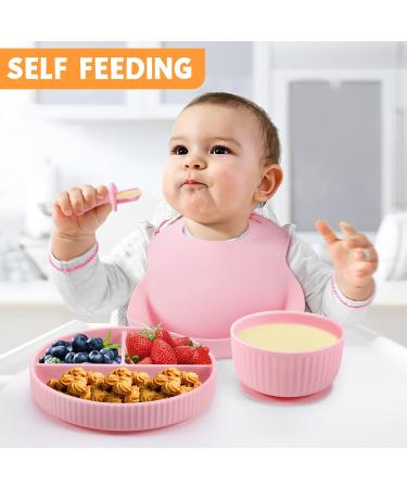 Baby Feeding Set - Silicone Bib, Suction Divided Bowl, Spoon & Fork - Toddler Utensils - Pink (6 Months) | Baby Led Weaning Supplies - Buy Online on SooperMarket.com