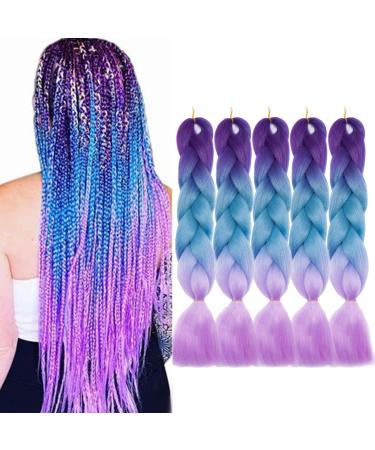 Tess Braids Extensions Blue 60 cm 5 Pack Jumbo Braids Kanecalon Kunsthaar for the braid Box Braids Hair Extension Top 100g/Bundle Ombre Hair Braids Extension (5 piece-purple/blue/light purple) 60 cm (5 pieces) purple/blue/light purple