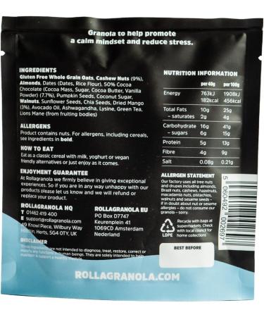Rollagranola - Calm Cashew Mango & Chocolate Chunk Oat Granola 10 x 40g Serving Gluten Free & Suitable for a Vegan Diet Crunchy Adaptogenic Granola Nutritiously Nootropic Naturally - Buy Online on SooperMarket.com