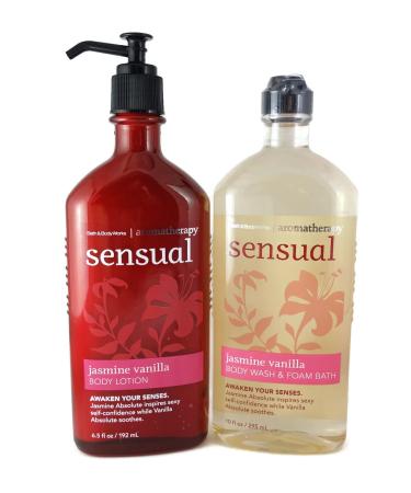 Bath and Body Works Aromatherapy Sensual Jasmine Vanilla 10 Oz Body Wash & Foam Bath and 6.5 Oz Body Lotion Bundle (Jasmine Vanilla)