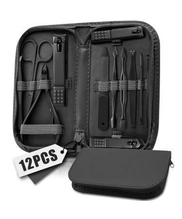 12Pcs Manicure Set for Women Men Manicure & Pedicure Tools & Accessories Professional Nail Kit Manicure Set Nail Cleaning Kit for Home Nail Grooming Kit with Black Leather Travel Bag black manicure set