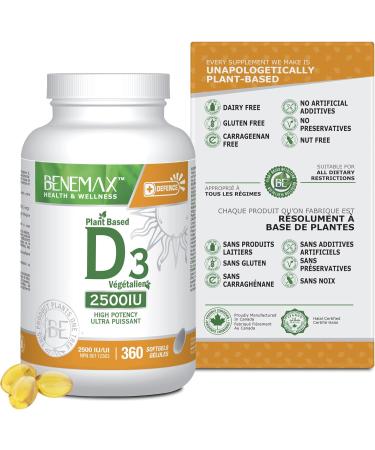 Benemax Vitamin D3 2500 IU For Healthy Bones Teeth and Helps Prevent Vitamin D Deficiency Plant Based & Vegan 360 Day Supply - Buy Online on SooperMarket.com