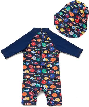 UPF 50+ Baby Boy/Girl Swimsuit with Sun Hat | Infant/Toddler One Piece Swimwear 12-18 Months | Colorful Fish Design - Buy Online on SooperMarket.com