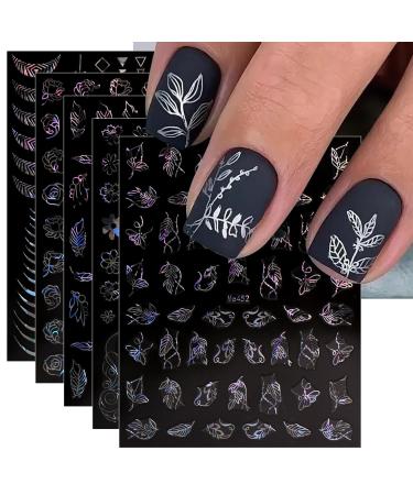JMEOWIO 12 Sheets Flower Nail Art Stickers Decals Self-Adhesive Spring Summer Floral Silver Nail Supplies Nail Art Design Decoration Accessories