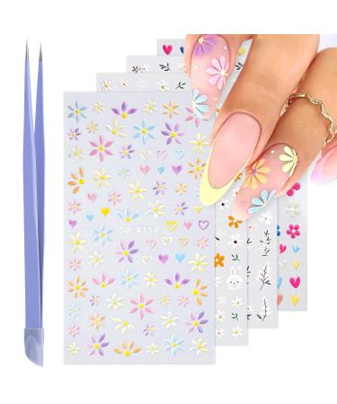 Flower Nail Art Stickers 5D Embossed Nail Decals Nail Art Design Self Adhesive Nail Supplies with Nail Tweezer Colorful Flower Nail Stickers for Women Manicure Decoration Floral-5dk-157