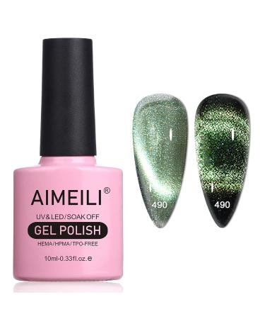 AIMEILI Magnetic Gel Nail Polish 9D Cat Magnet Eye Gel Polish Green UV LED Soak Off Glitter Gel Nail Varnish Nail Art Manicure Pedicure Long Lasting & Easy to Apply - (490) 10ml