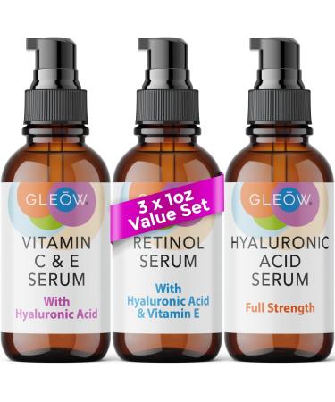 INTRODUCTORY OFFER - Retinol Face Serum - Vitamin C Serum for Face with Hyaluronic Acid Serum for Face Retinol Serum for Face Anti Aging Serum Face Serum for Women Hydrating Serum 3x1 fl by GLEOW 1 Fl Oz (Pack of 3)